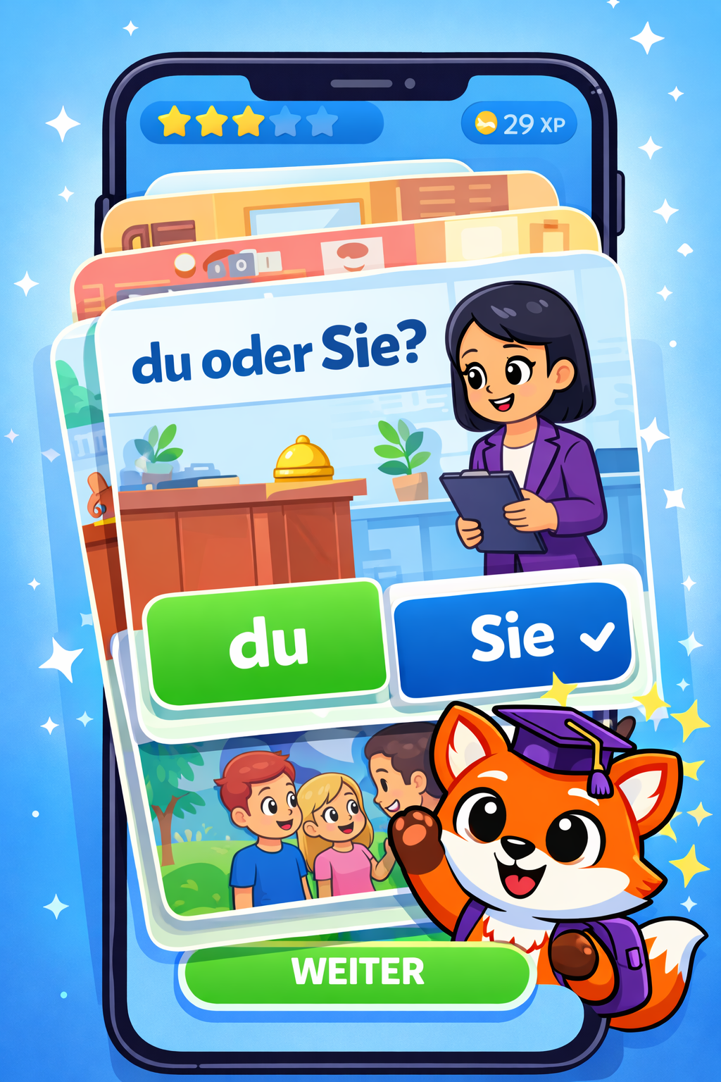 Bunte Mobile-Quiz-Karten im BesserStudy-Stil mit der Frage: du oder Sie?