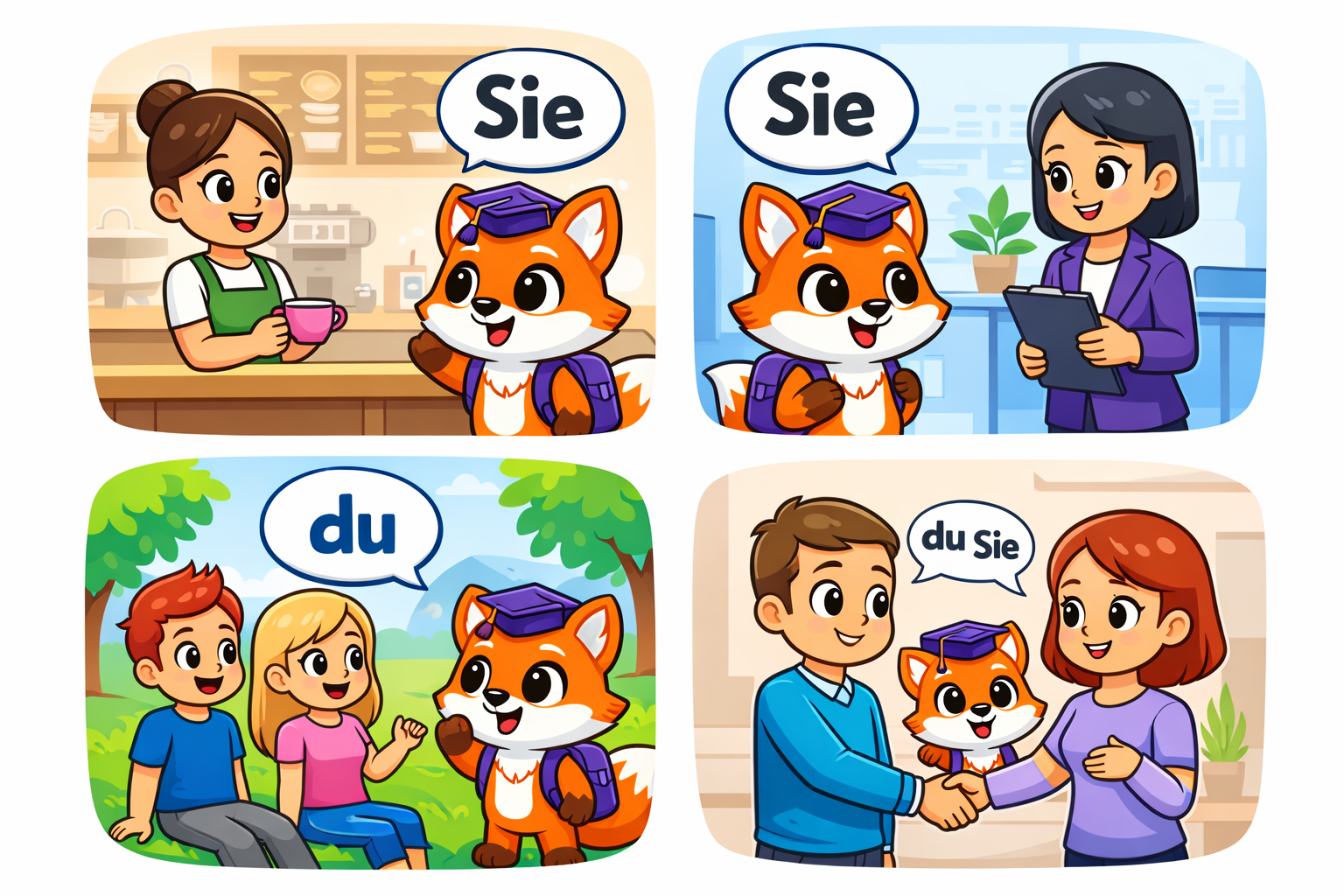 Vier bunte Cartoon-Szenen: im Café, im Büro, mit Freunden und beim ersten Kennenlernen